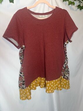 Logo lounge  Layered Look Ruffle Hem Top - Brick Red & Mustard